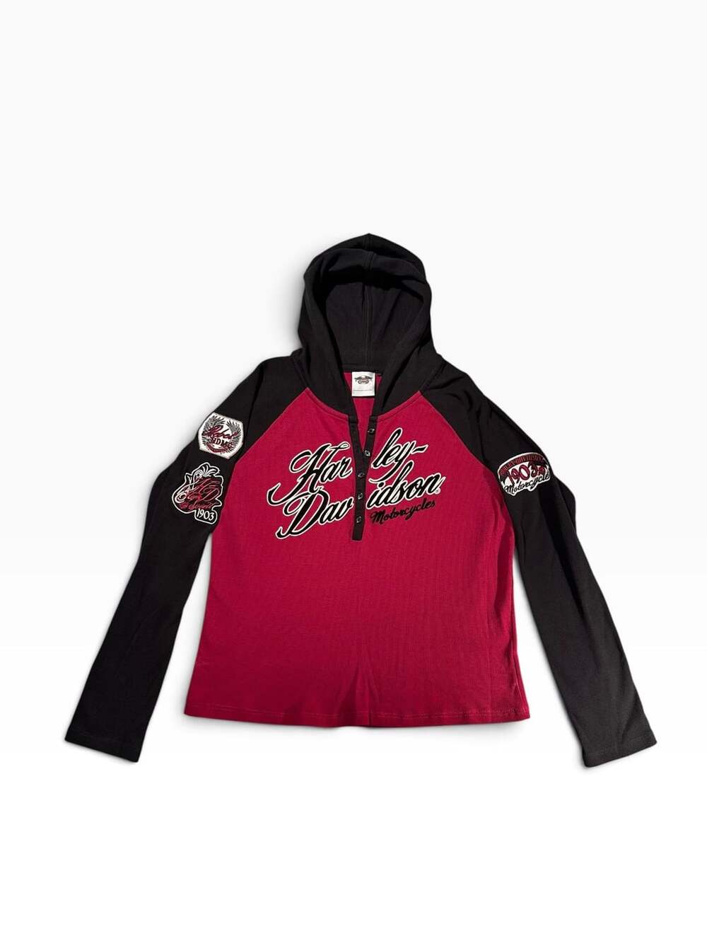 Harley-Davidson Waffle Knit Thermal Henley Hoodie Red Black